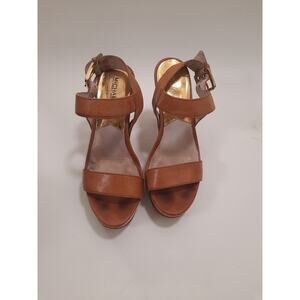 Michael Kors Tan and Gold Cork Heel Open Toe Womens Shoes Size 9